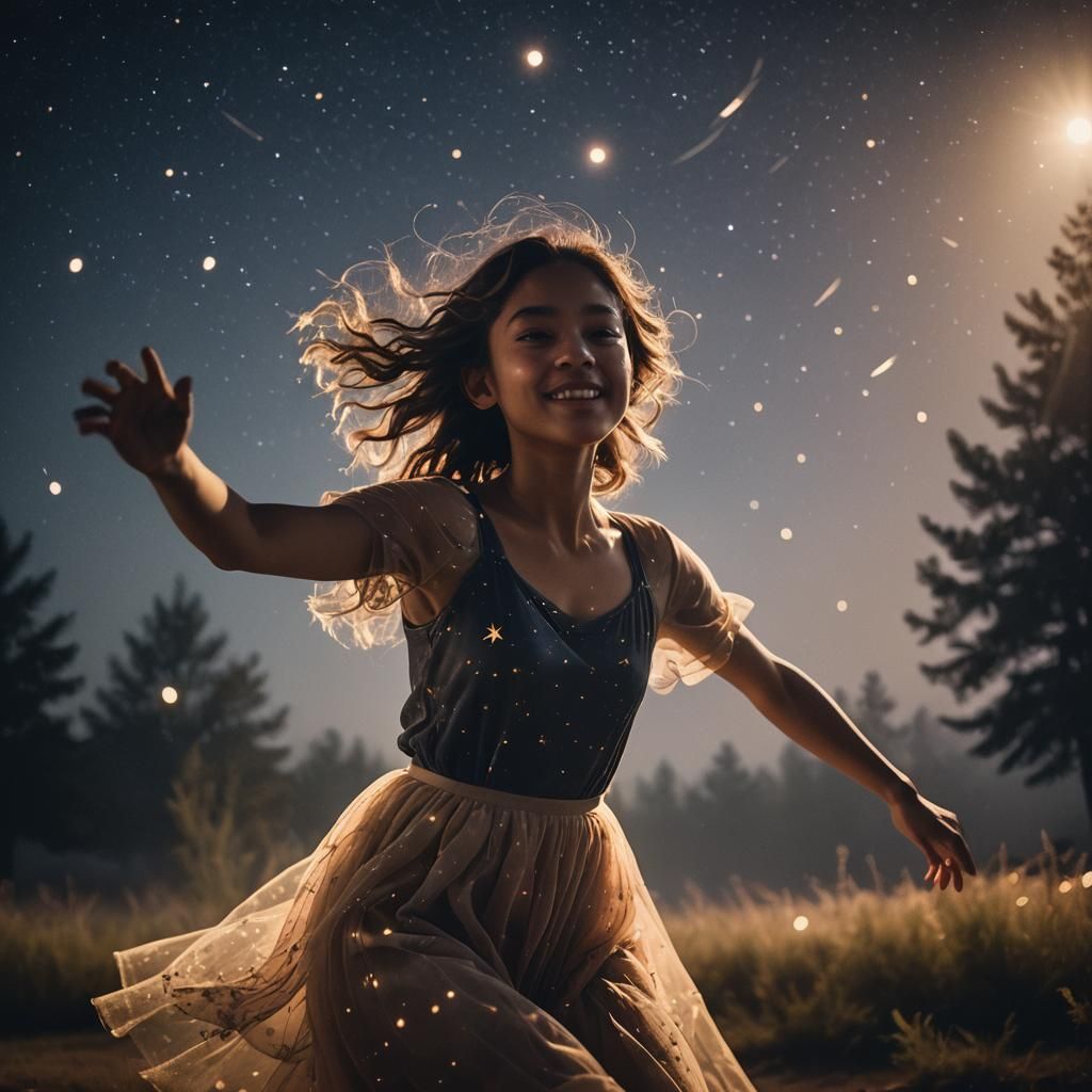 Girl Dancing Under the Stars: Cinematic Film Still