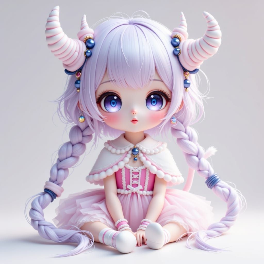 Cute Anime Girl with Twin Braids and Horns