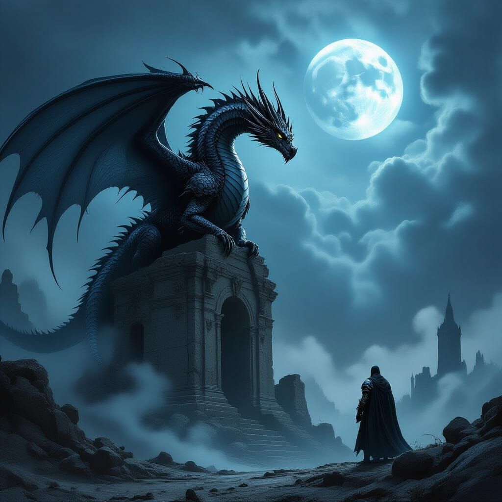 Obsidian Dragon Over Ancient Ruins with Knight