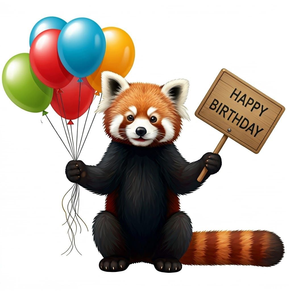 Red Panda Bear Celebrates Birthday with Balloons and Sign