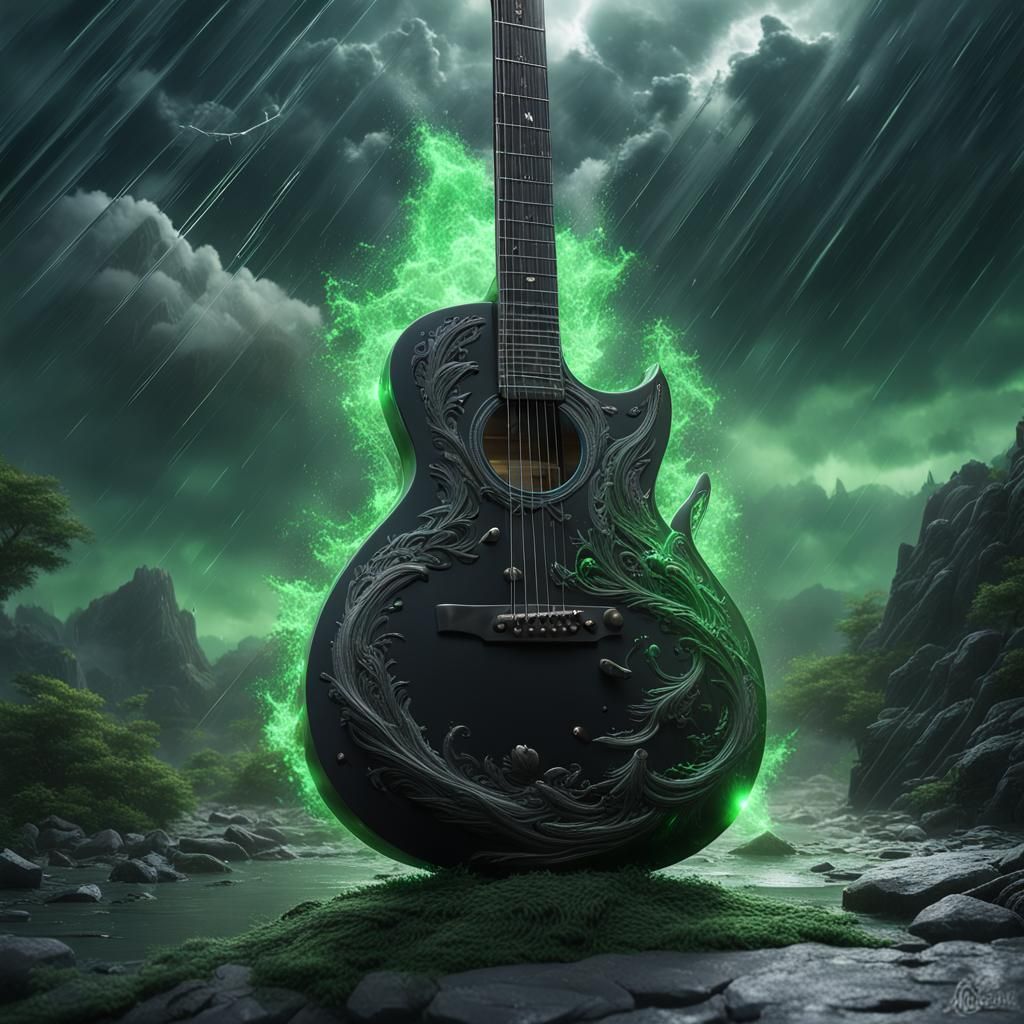 Dreamlike Guitar in Green Flames: Fantasy Concept Art