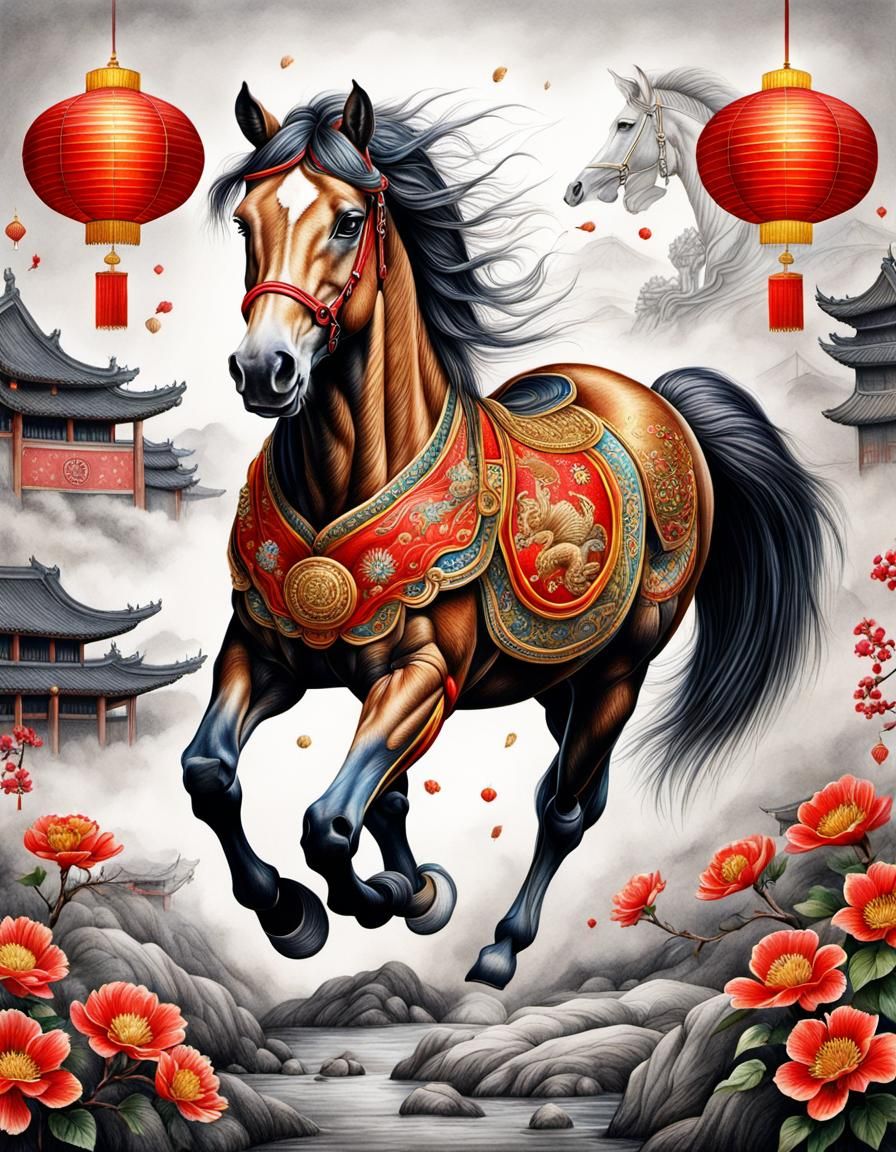 Hyperdetailed Zodiac Horse in Pencil Drawing Style