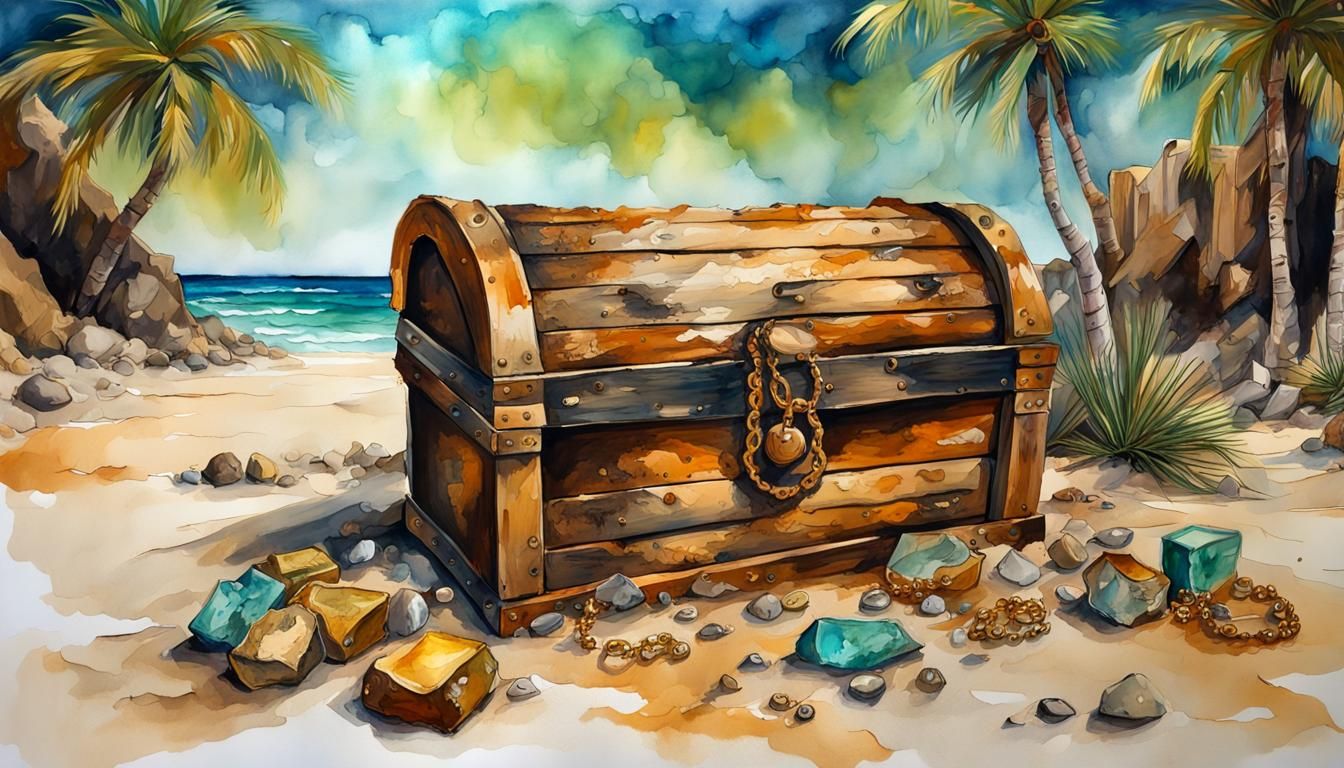 Hyperrealistic Beach with Gold Treasure in Gouache Style