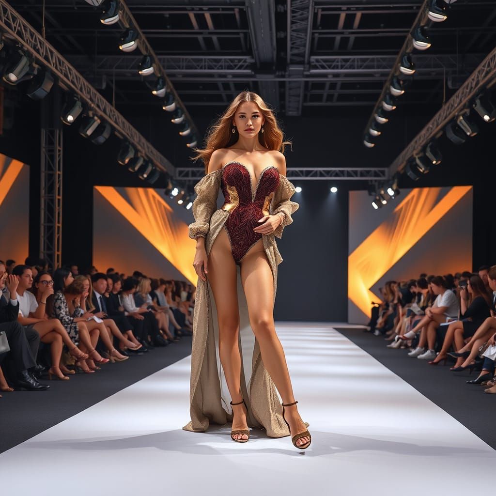 Glamorous Model Struts Down a Luxe Catwalk in High Fashion S...