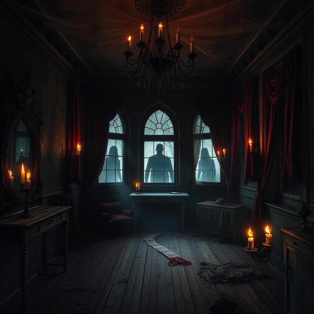 Envision an interior of a haunted house, replete with eerie details such as worn-out floorboards, spectral figures, and ...