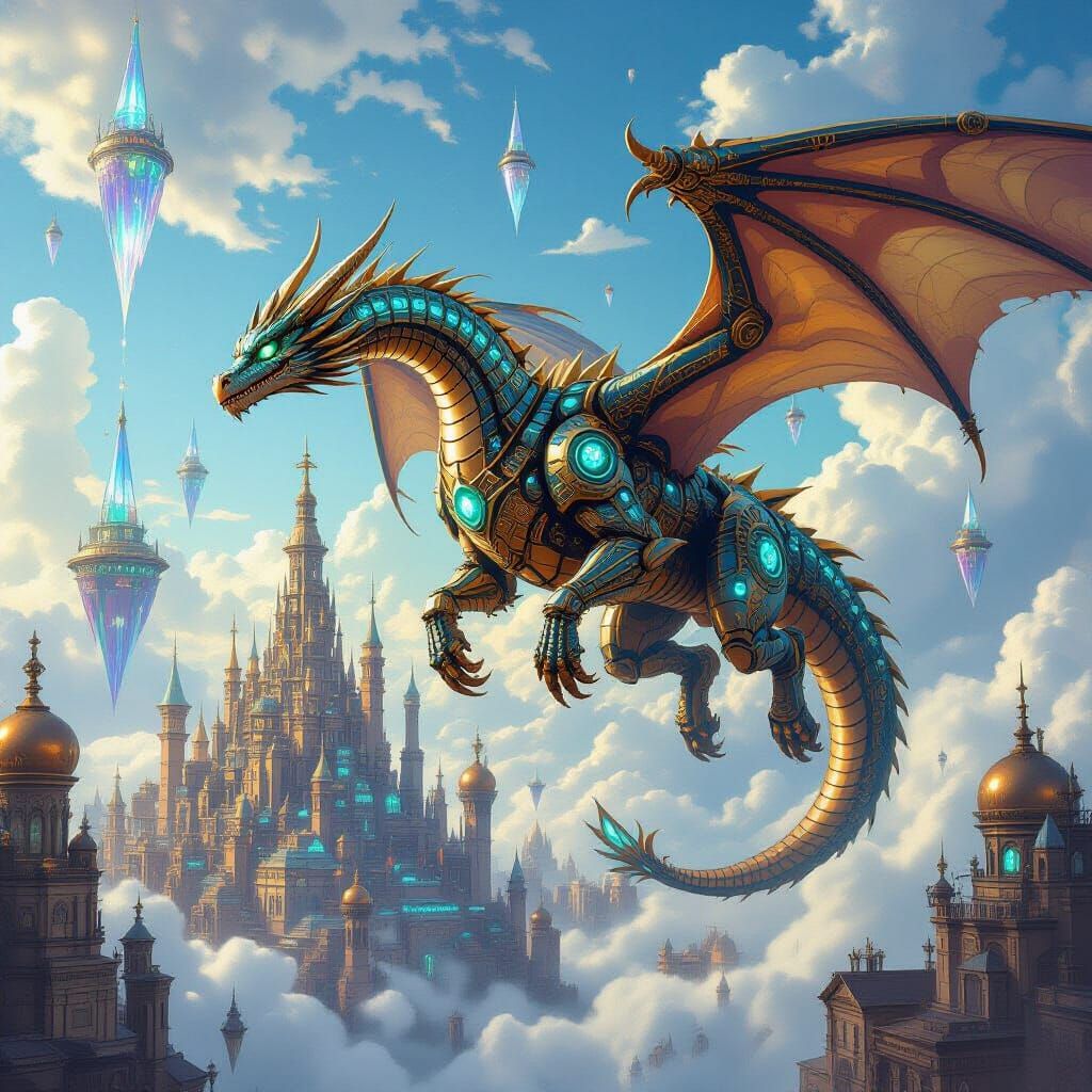 Clockwork Dragon Soaring Over Steampunk Metropolis