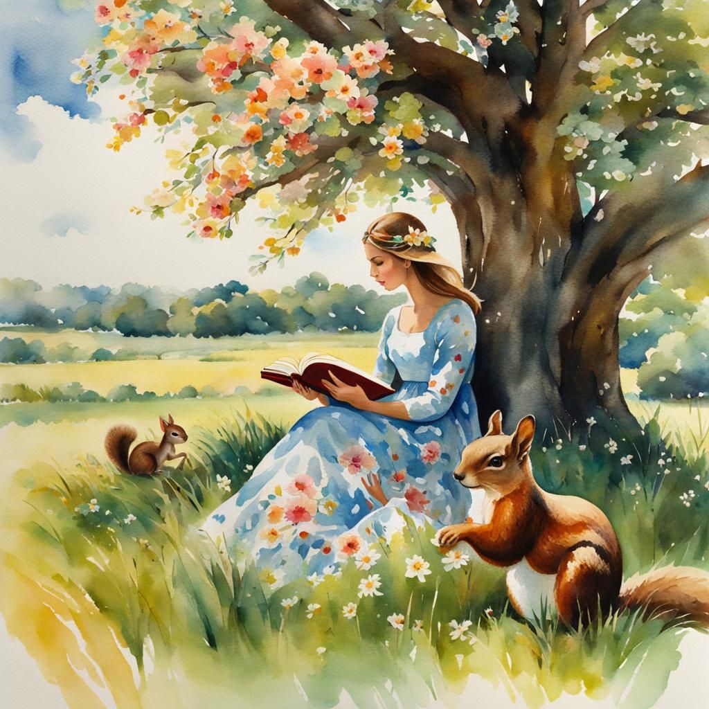 Woman Reading Book in Field: Watercolor Illustration