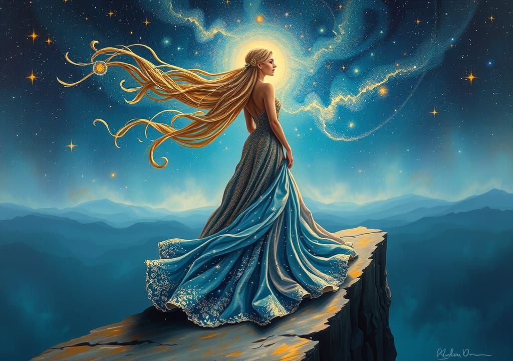 Celestial Woman in Starry Night, Oil on Canvas