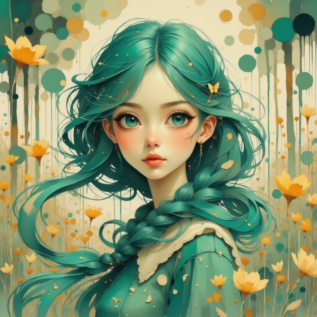 Anime Woman in Park with Long Teal Braids