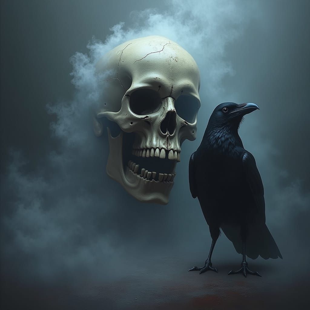 Ethereal Smoke Swirling Around Skull with Raven