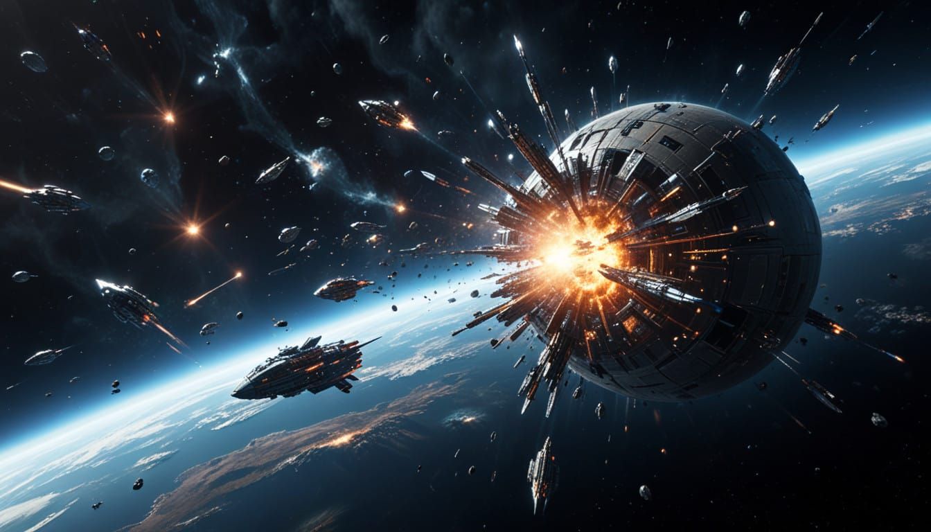 Majestic Spaceship Fleeing a Shattered Planet in Photorealis...