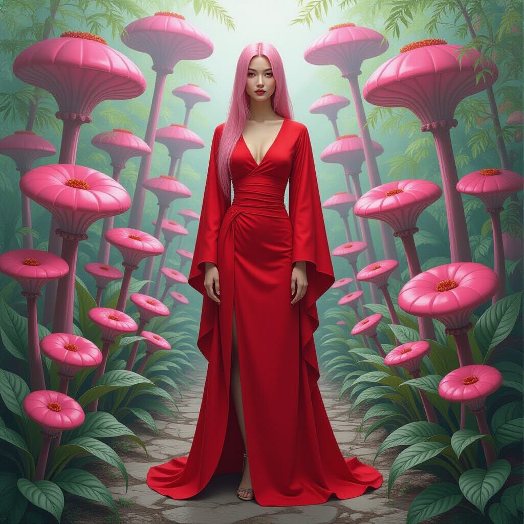 Slender Asian Woman in Pink Clothing in Alien Garden