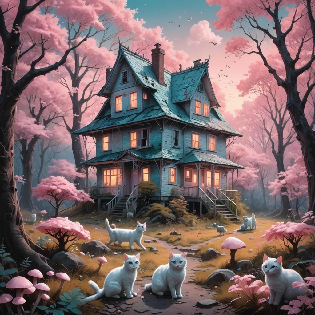 Pastel Fantasy: Abandoned House with Cats