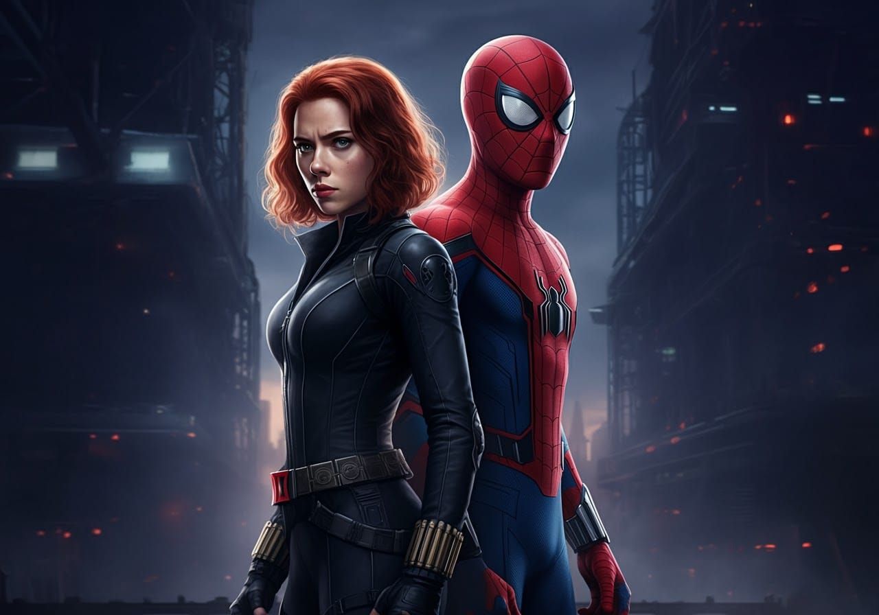 Black Widow and Spider-Man: Vigilance in Cyberpunk Cityscape