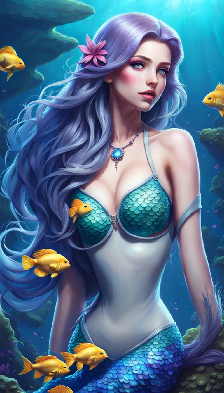 Fantasy Mermaid Siren with Purple and Blue Hair
