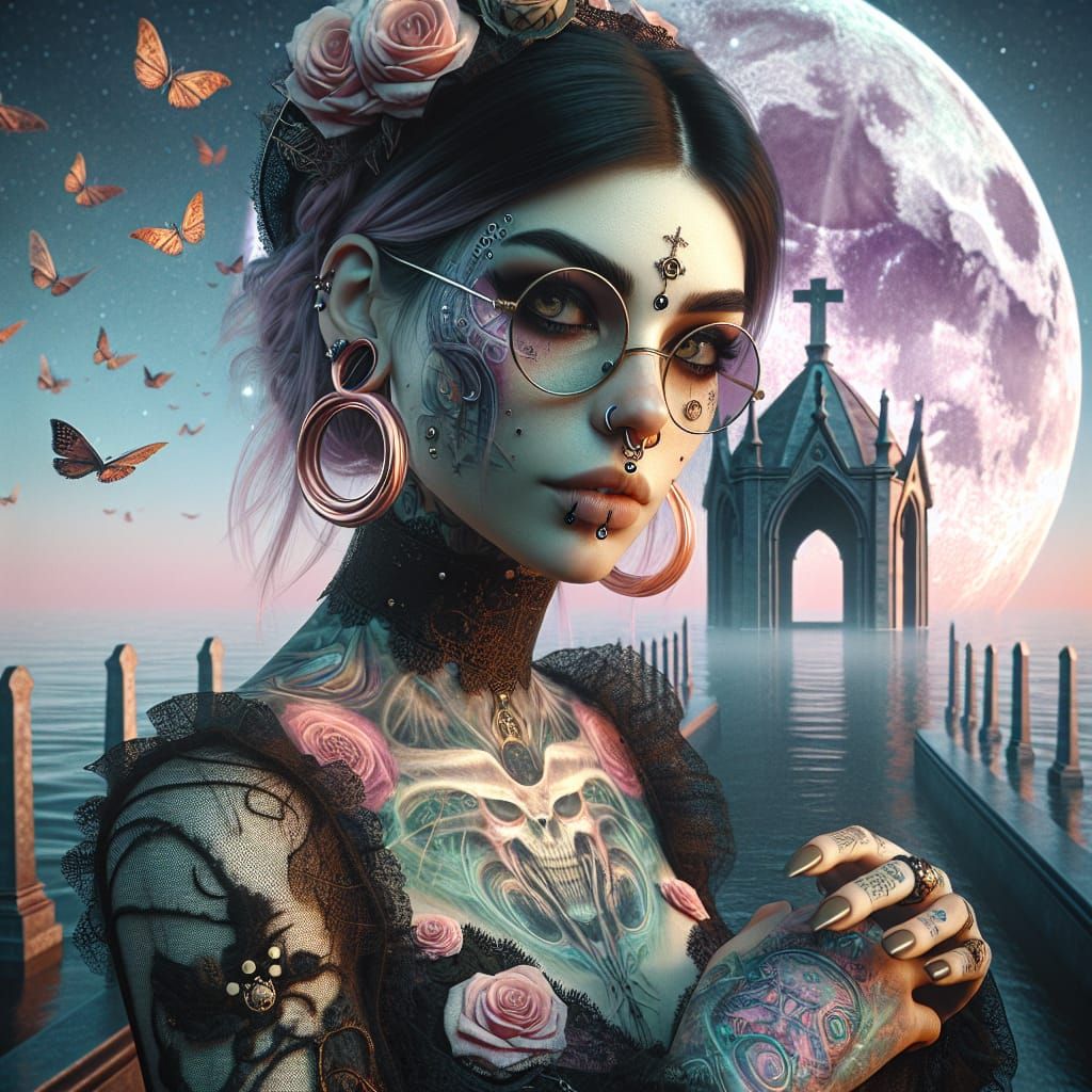 Gothic Woman with Tattoos in Dreamlike Digital Art