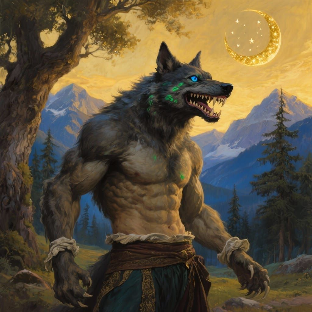 Dog-Man Werewolf Portrait in Golden Hour Forest