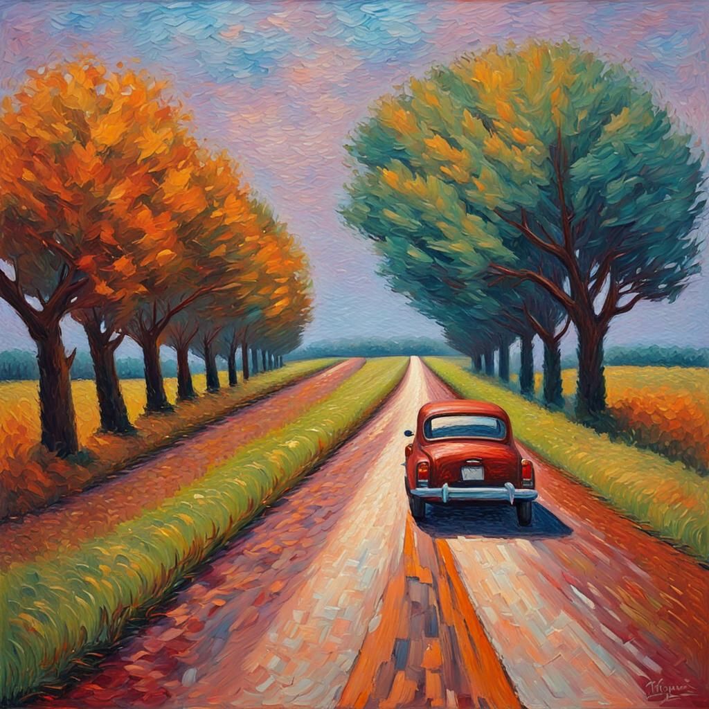 Woman Driving on a Lonely Road, Expressionist Painting