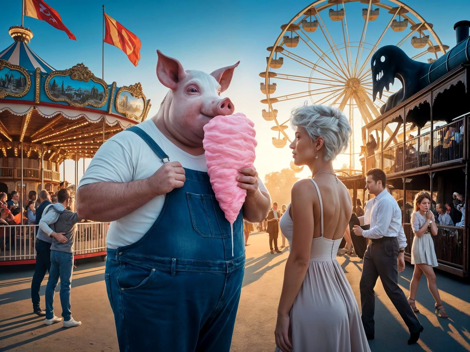 Solitary Pig-Headed Man Enjoys Cotton Candy at Fair