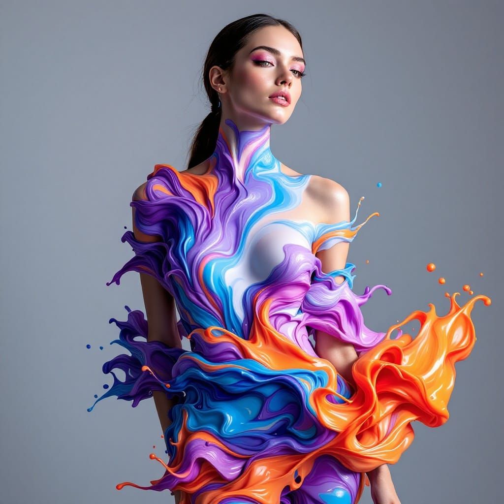 Woman in Swirling Yogurt Dress in Hyper-Realistic Style
