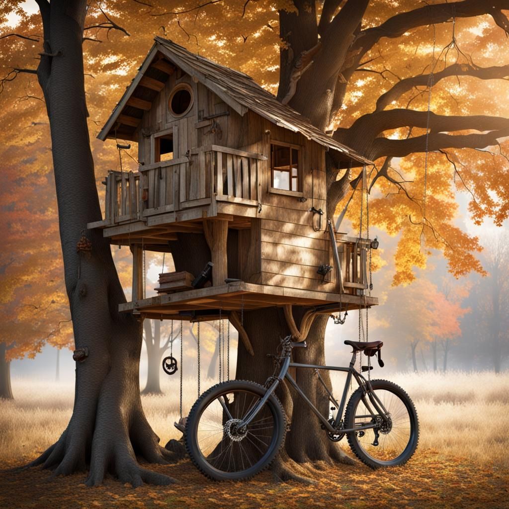 Homemade Treehouse in Autumn Forest, Photorealistic Style