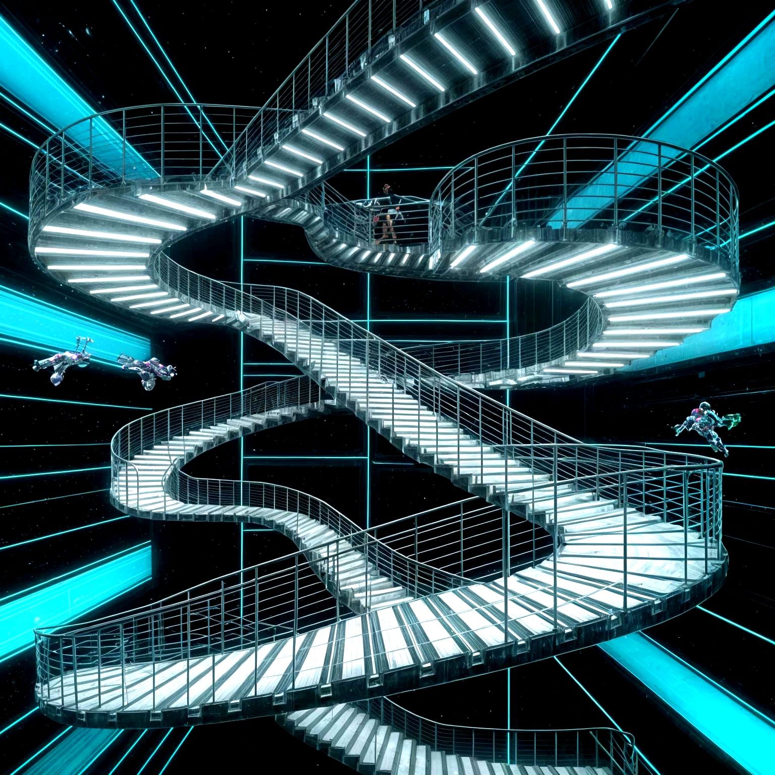 A metallic, anti-gravity staircase