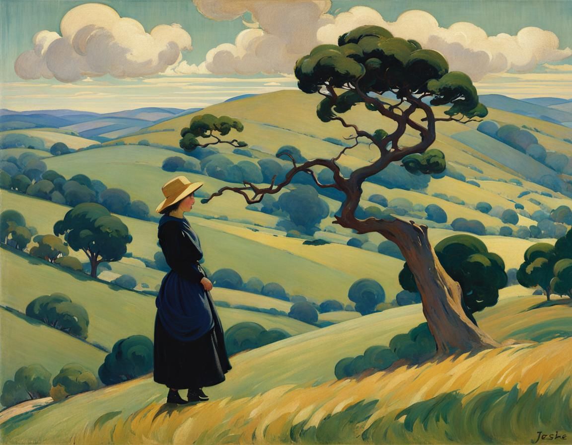 Woman on Windy Hill in Art Deco Style