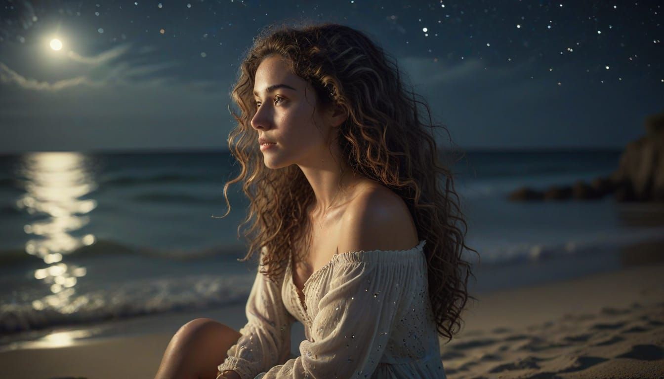 Woman Gazing at Stars on Beach at Night