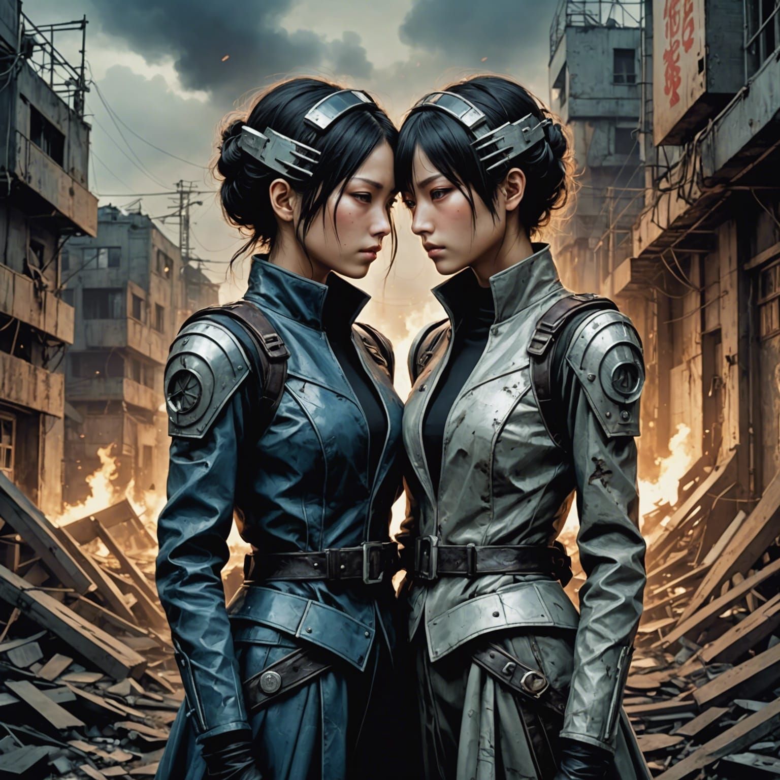 Art style of Kazuma Kaneko, Megami Tensei, surreal, abstract, two lesbian women in love, stark contrast, cool tones, les...