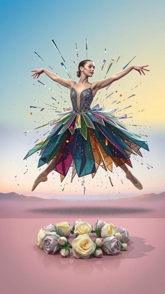 Ballet Dancer Mid-Air in Shattered Glass Dress