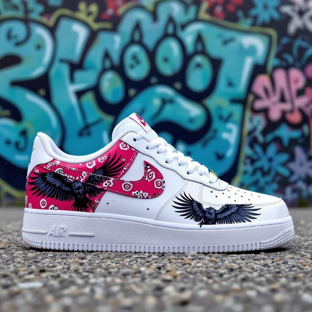 Nike Shoe with Hot Pink Bandana Print and Raven Wings