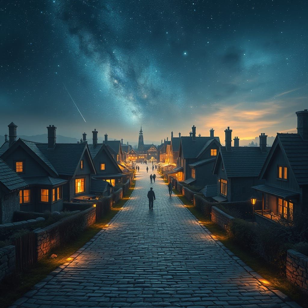 Fantasy Cobblestone Road Leads to Distant Market Square in C...