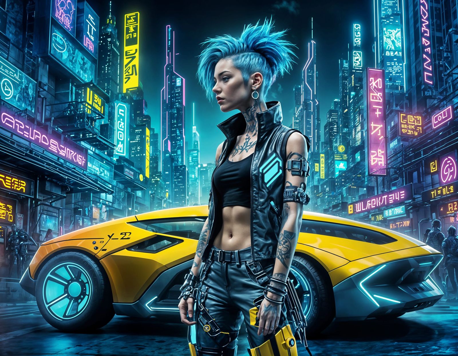 Cyberpunk Woman Posing in Front of Flying Cars