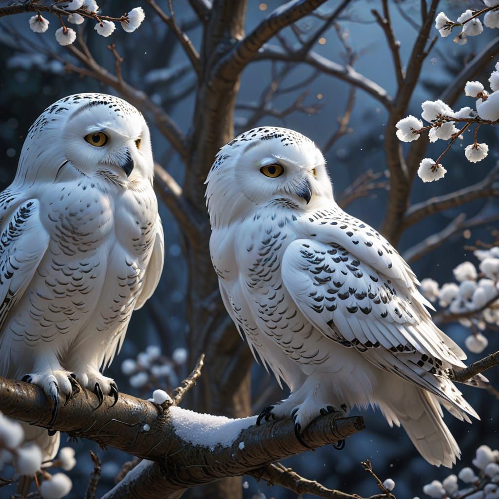 Anime Snowy Owls on Branches in Mosaic Tile Art