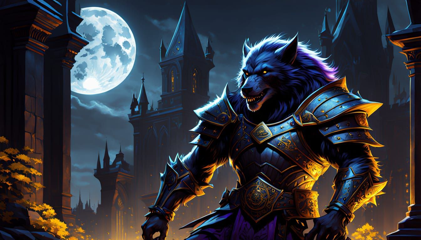 Dark Fantasy Werewolf Knight Battles Cultists in a Dimly Lit...