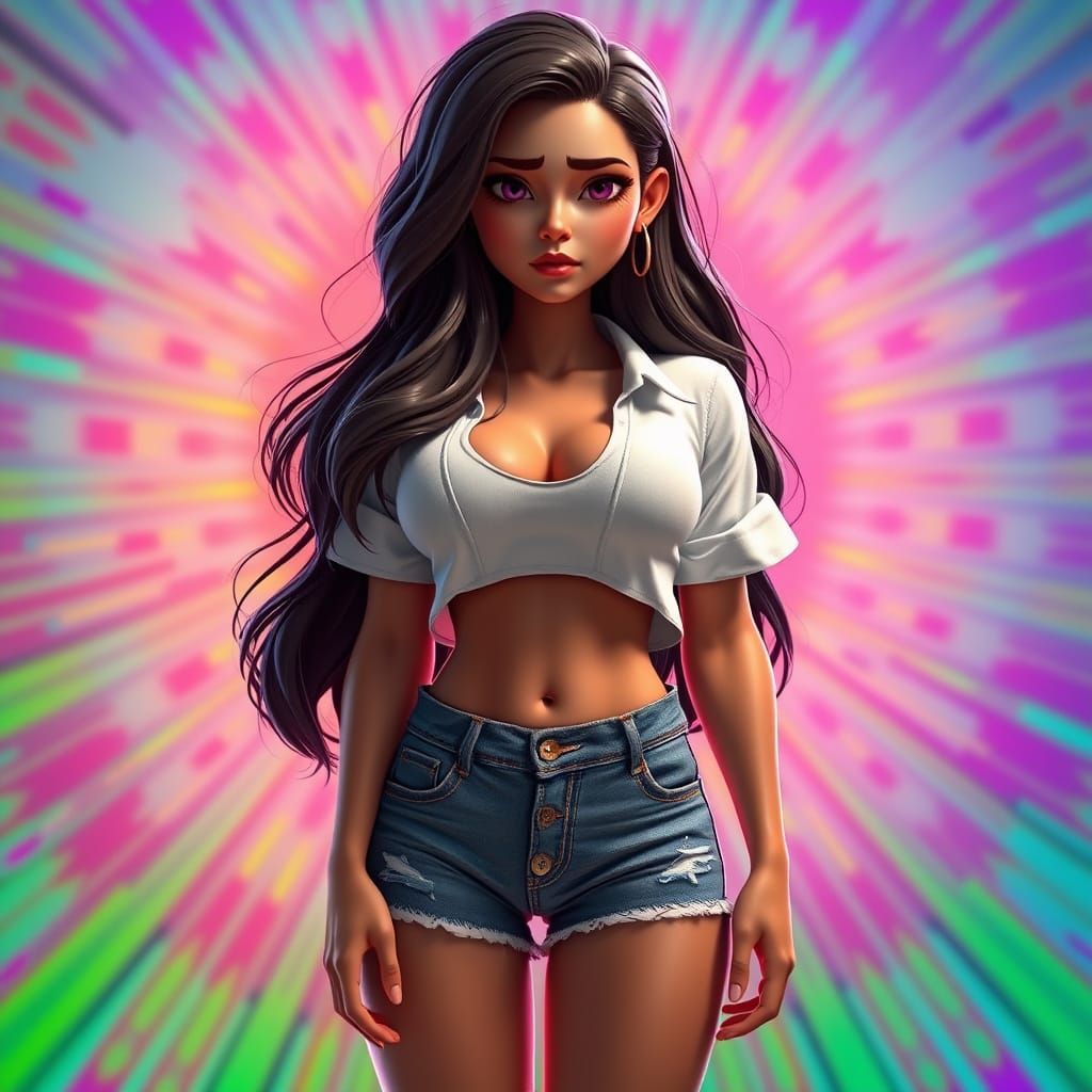 Curvy Brunette in Denim Shorts: 3D Digital Art