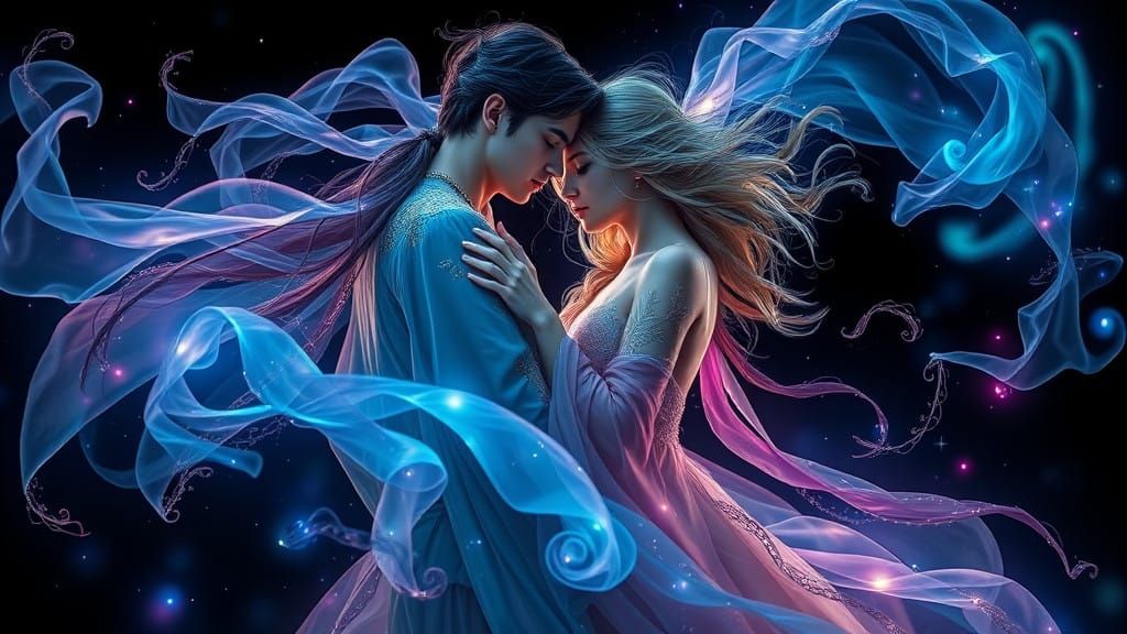 Twin Souls Entwined in Celestial Dance, Matte Painting