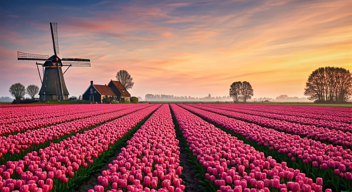 Surreal Dutch Countryside at Dawn, with Pink Tulips and Wind...