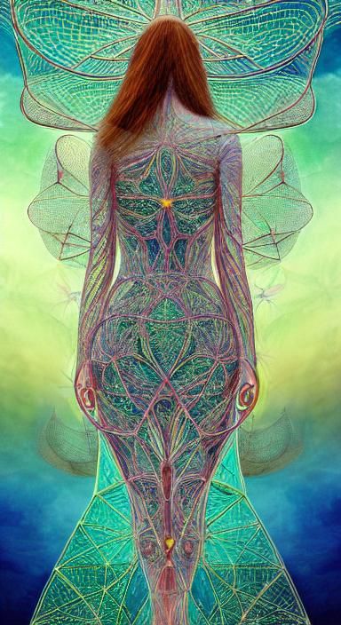 Dragonfly-Human Hybrid in Network, Watercolor Style