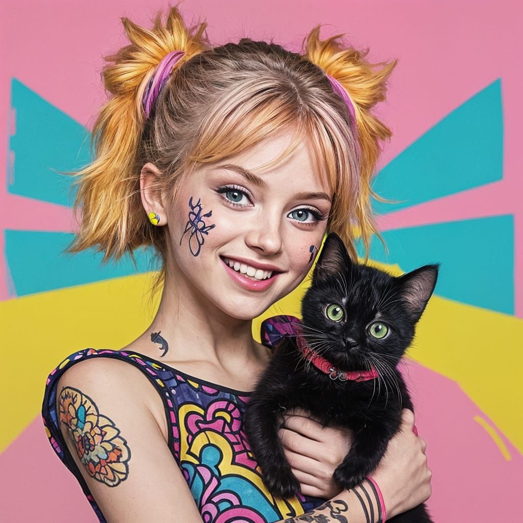 Toddler with Kitten in Rainbow Gourd Field