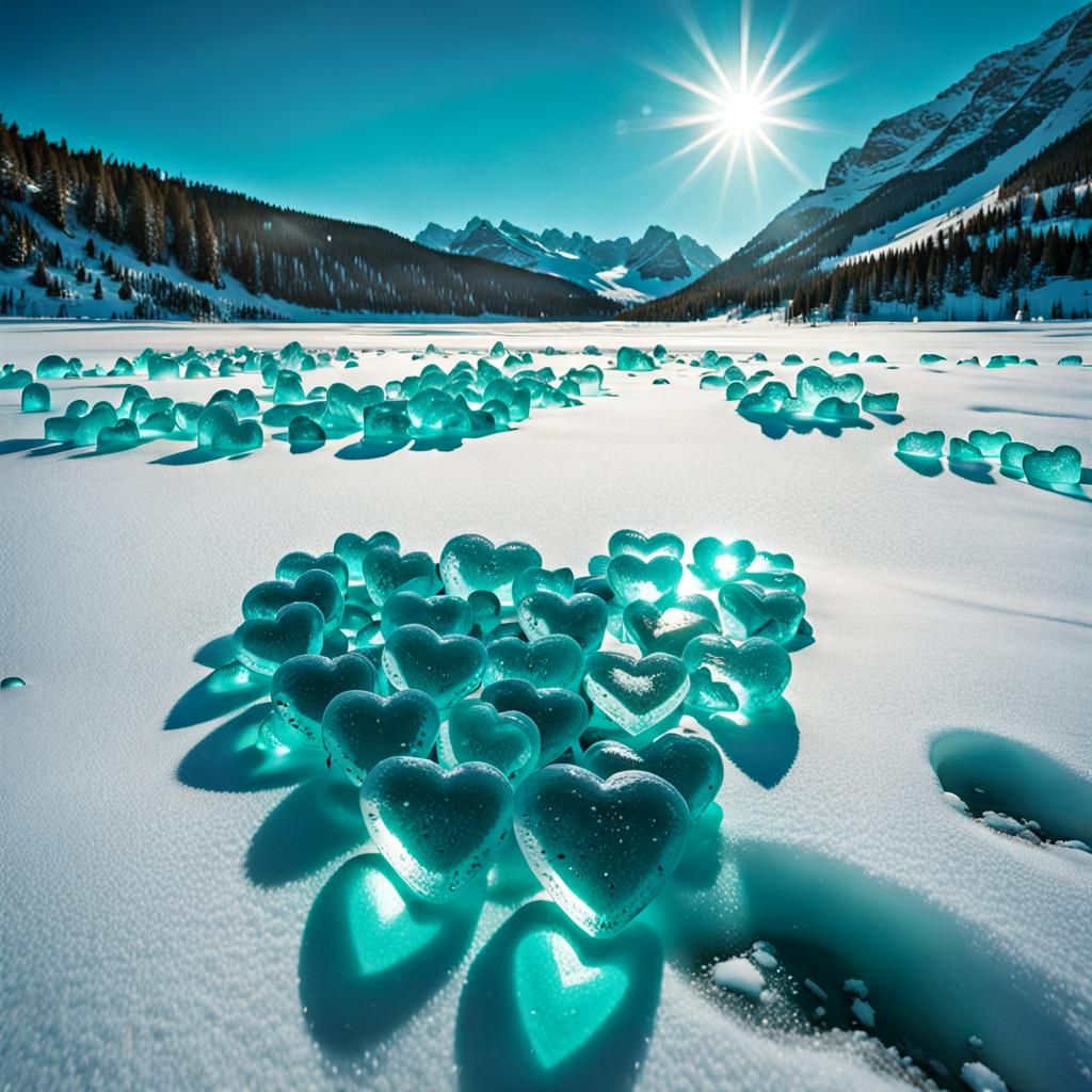 Turquoise Ice Hearts Glow on Frozen Lake