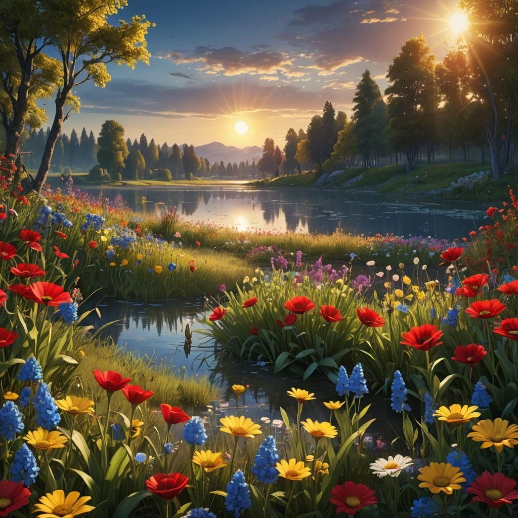 Sunrise Over a Flower Field: Fantasy Concept Art
