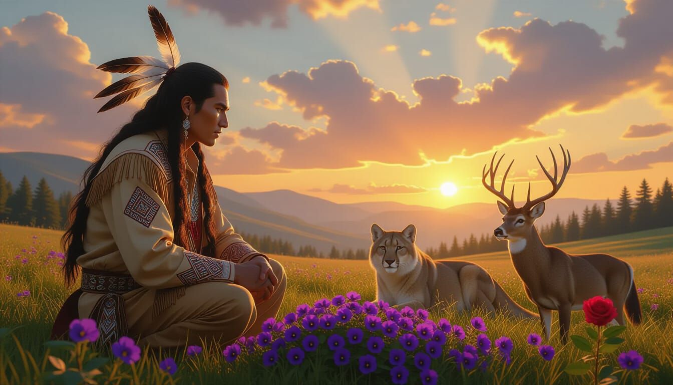 Cherokee Man Chooses Between Violets and Rose in Sunrise Mea...