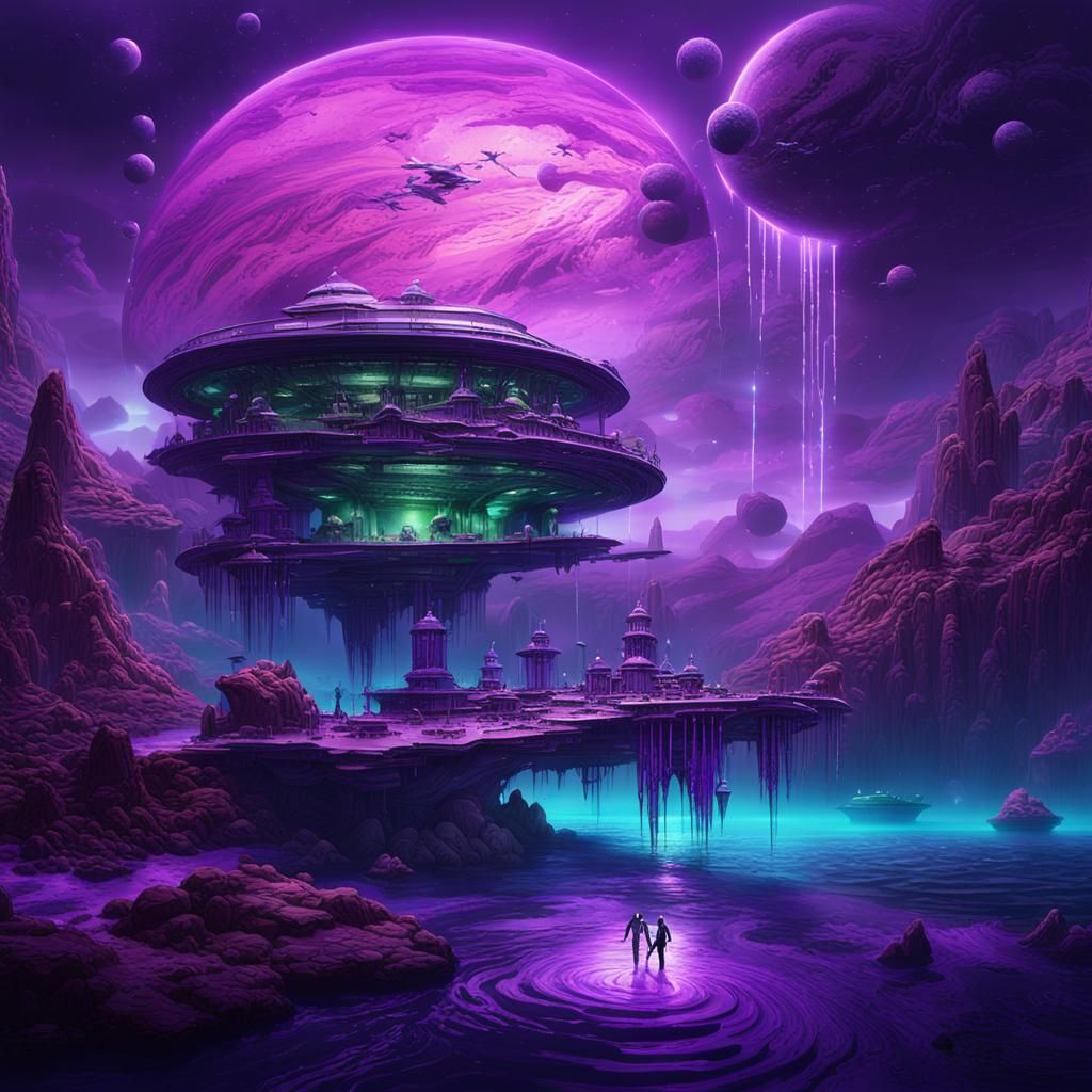 Epic Planetscape with Floating Kingdom and Alien War