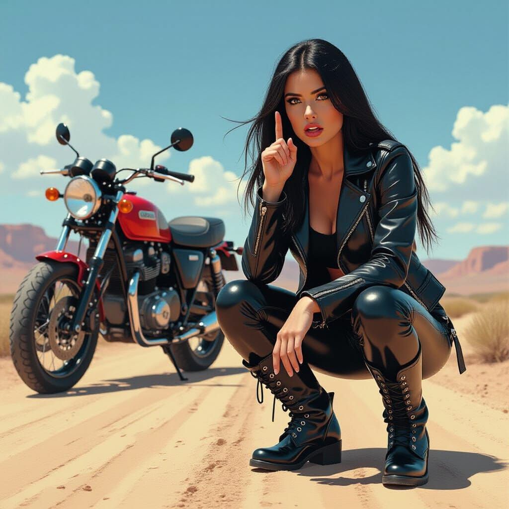 Woman in PVC Squatting on Dirt Road with Motorbike