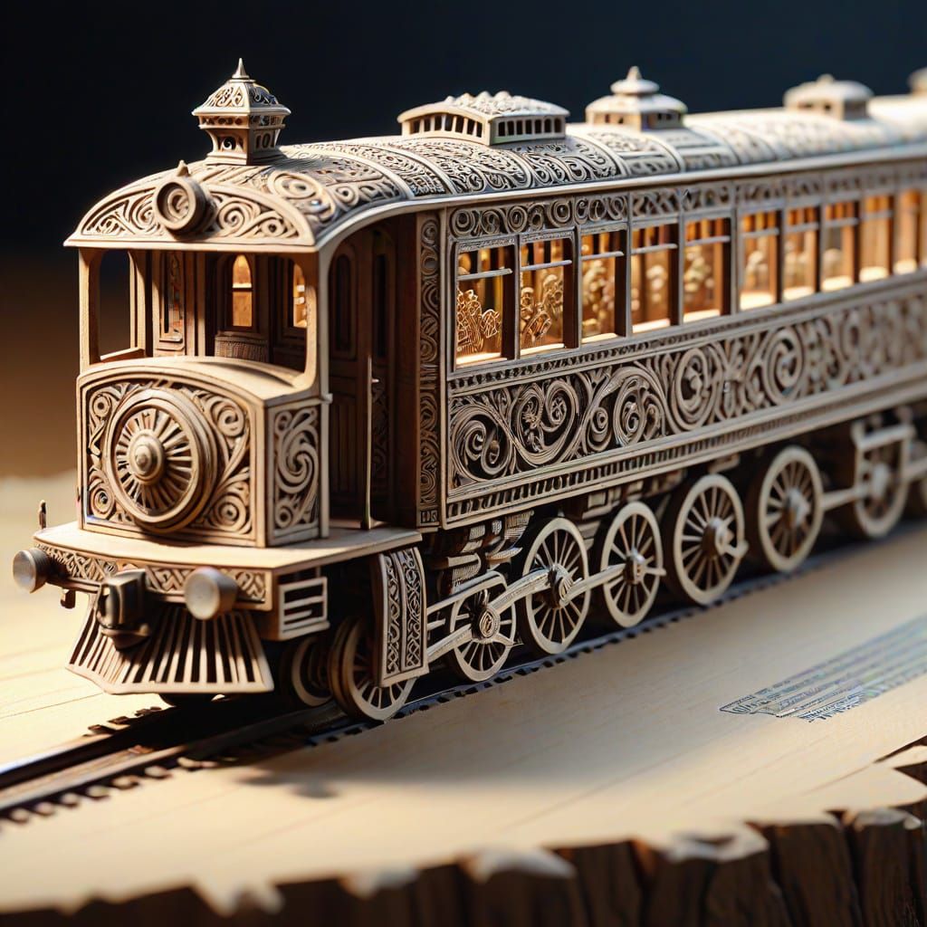 carving on wood, microphotography, carved train