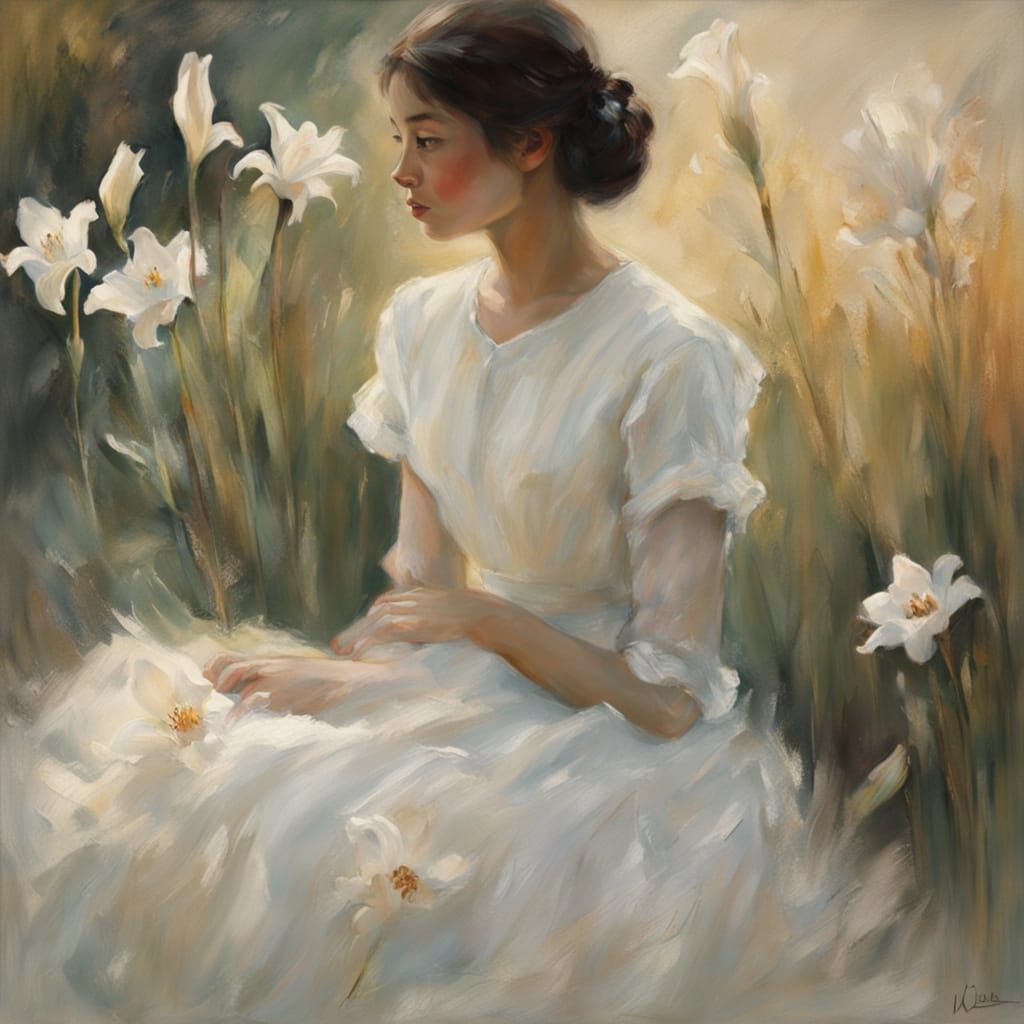 Impressionist Painting of Woman in Flowing Dress