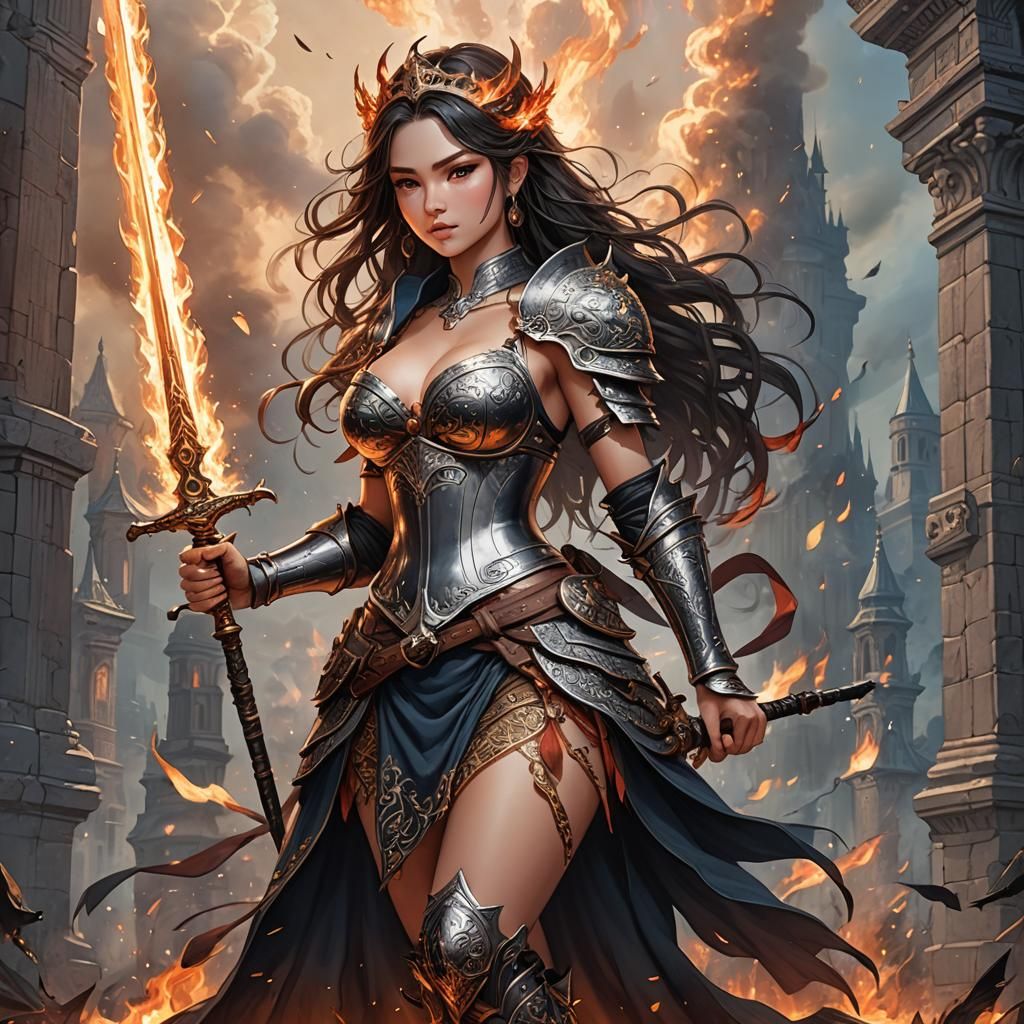 Woman Ignites Flames with Fire Sword: Fantasy Art