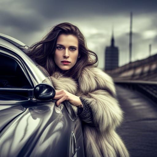 Powerful Woman Pushing Car in Hyperrealistic Detail