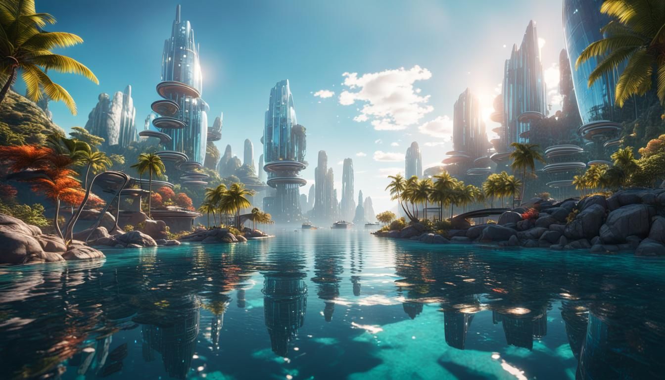 Utopian City in Tropical Waters, Photorealistic 16K Render